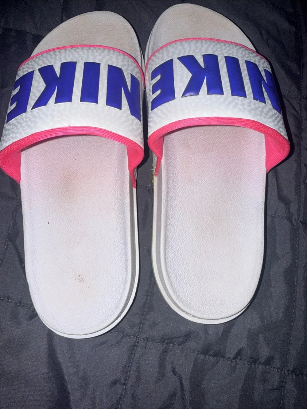 Nike White Slides with Blue Logo and Pink Accents